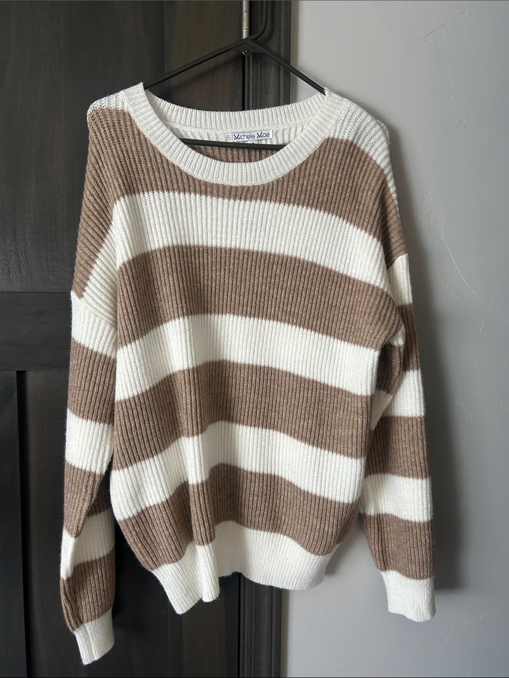 Michelle Mae Cream and Brown Wide-Stripe Crew Sweater